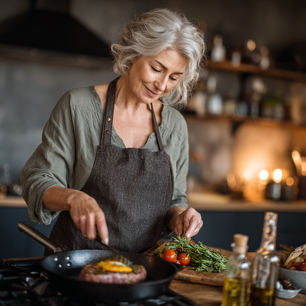 Літня жінка готує здорову їжу